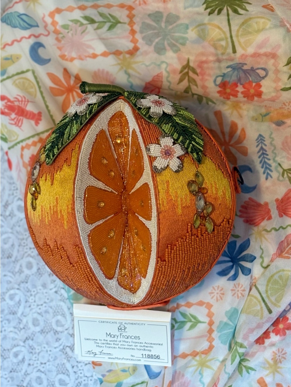 Mary Frances Orange Citrus Beaded Evening Bag with Green Leaf Accents